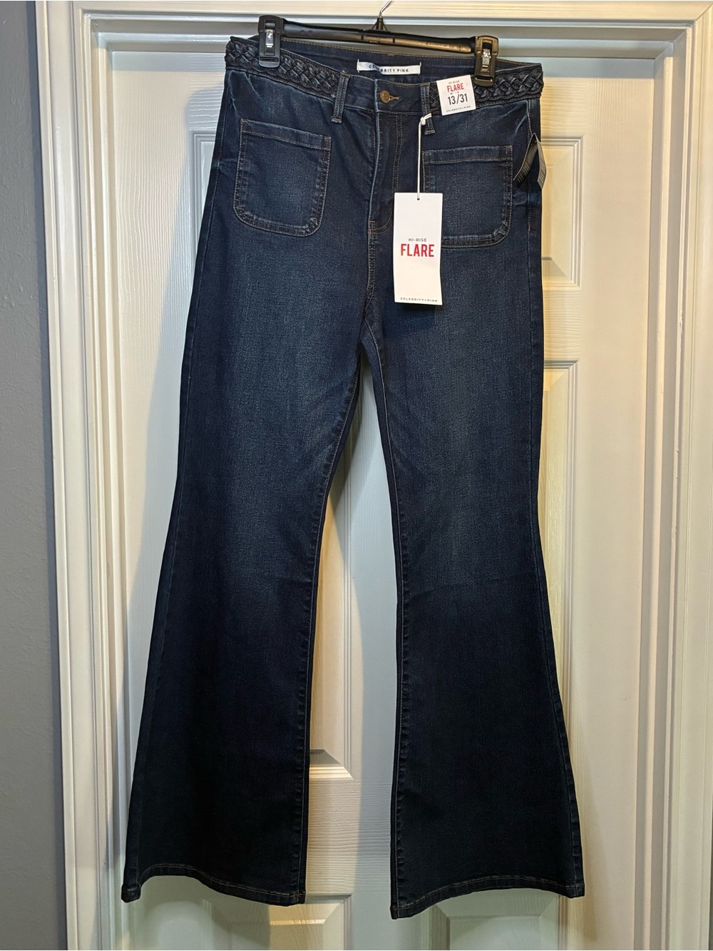 Celebrity Pink Dark Blue Flare Jeans with Braided Waist
